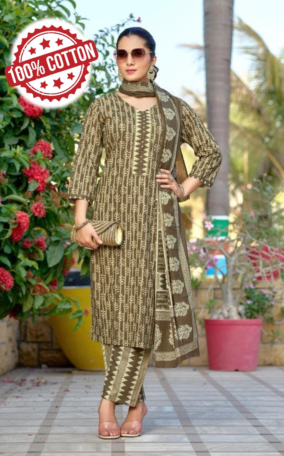 Trendy Cotton Kurta Set – Latest Kurti Designs with Dupatta & Palazzo - Yosra Cotton Kurta Set
